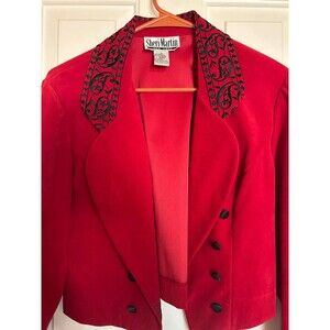 Vintage Sheri Martin New York Red Velvet Blazer Jacket Women’s Size M Embroidere